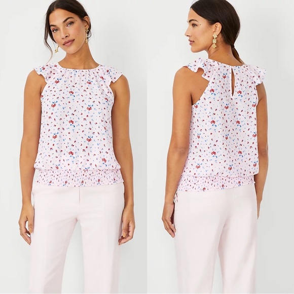 Ann Taylor Tops - Ann Taylor Floral Smocked Waist Raglan Flutter Sleeve Top Pink Spring size Large